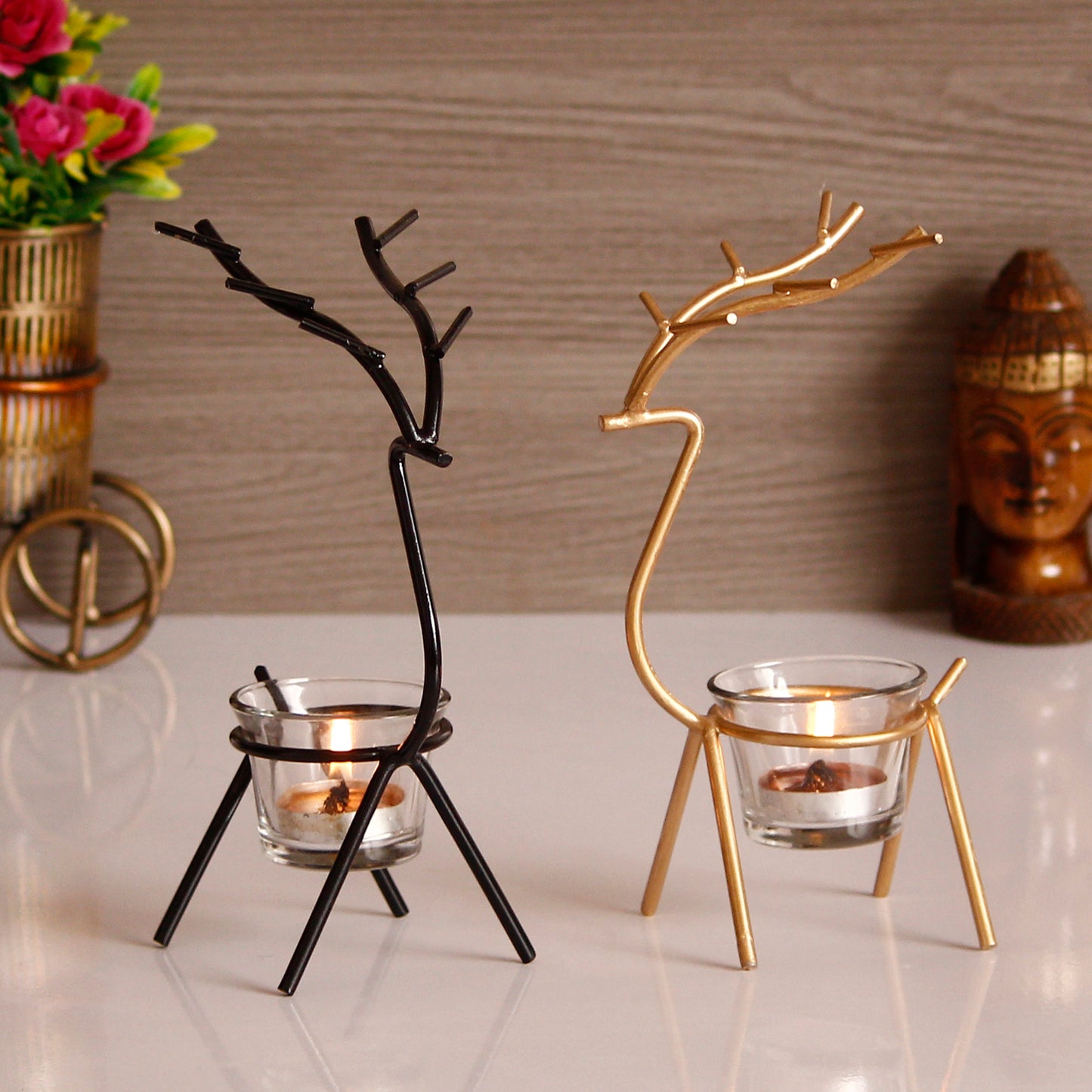 Deer Shape Decorative Handcrafted Metal Tea Light Holder (Set of 2)